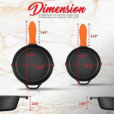 NutriChef 10" & 12" Iron Skillets Nonstick Pans with Cool-Touch Handle for Oven Grill All Stovetops
