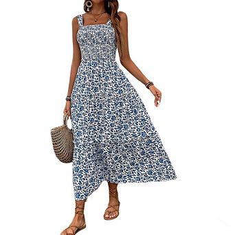 Women's Summer Floral Boho Square Neck Dress Strapped Swing A Line Long Maxi Beach Outfit Dress