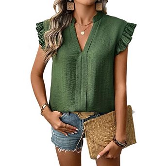 Women's Casual Summer V Neck Pullover Blouse Solid Color Ruffle Sleeveless Blouse Tops