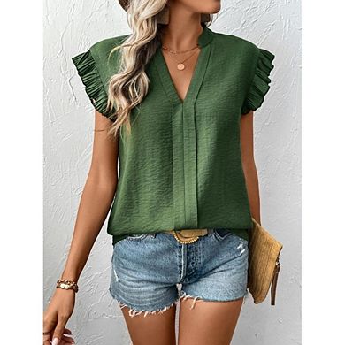 Women's Casual Summer V Neck Pullover Blouse Solid Color Ruffle Sleeveless Blouse Tops