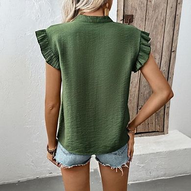 Women's Casual Summer V Neck Pullover Blouse Solid Color Ruffle Sleeveless Blouse Tops