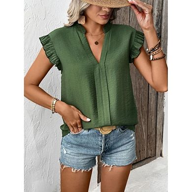 Women's Casual Summer V Neck Pullover Blouse Solid Color Ruffle Sleeveless Blouse Tops