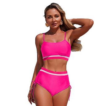 Striped Trim Side Drawstring High Waisted Bikini Set Two Piece Swimsuit
