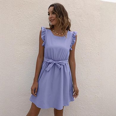 Sleeveless Ruffle Sleeve Belted Waist A-Line Mini Dress