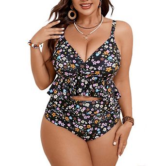 Women's Plus Size Two Piece Ruffle Bikini Set V Neck Top High Waist Bottoms Floral Bathing Suit Set