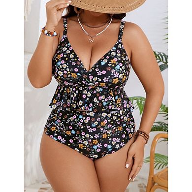 Women's Plus Size Two Piece Ruffle Bikini Set V Neck Top High Waist Bottoms Floral Bathing Suit Set