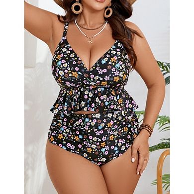 Women's Plus Size Two Piece Ruffle Bikini Set V Neck Top High Waist Bottoms Floral Bathing Suit Set
