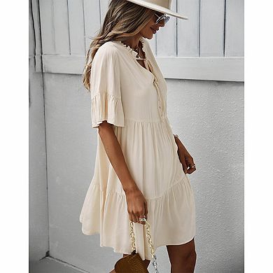 Women's Tie-Neck Ruffle Sleeve Tiered Mini Dress