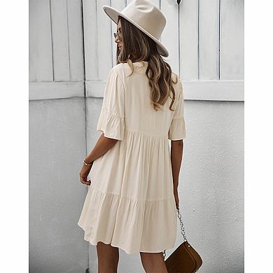 Women's Tie-Neck Ruffle Sleeve Tiered Mini Dress