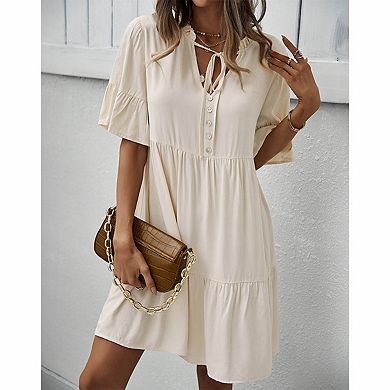 Women's Tie-Neck Ruffle Sleeve Tiered Mini Dress
