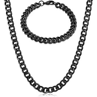 Men's Bracelet and Necklace Black Plated Steel Curb Chain Set