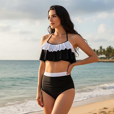 Color Block Ruffle Halter High Waisted Bikini Set Two Piece Swimsuit