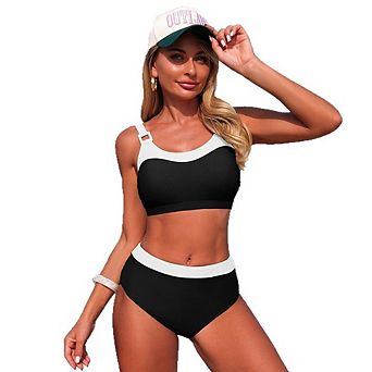 Color Block Adjustable Strap Sporty High Waisted Bikini Set
