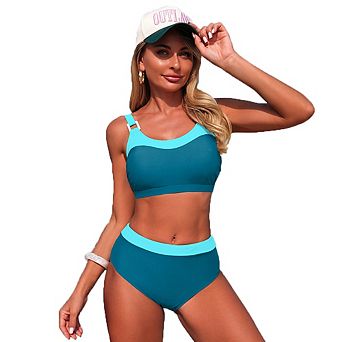 Color Block Adjustable Strap Sporty High Waisted Bikini Set