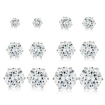 ELYA Women's Polished Cubic Zirconia Steel Stud Earrings - 6 Pair set