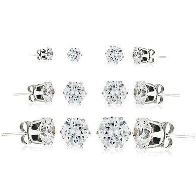 ELYA Women's Polished Cubic Zirconia Steel Stud Earrings - 6 Pair set