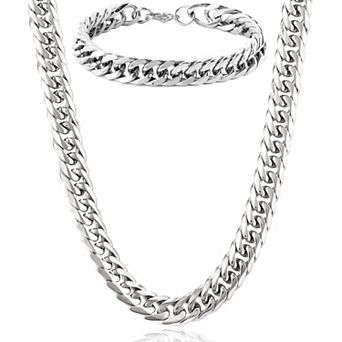 Men's Bracelet and Necklace Stainless Steel Curb Chain Set