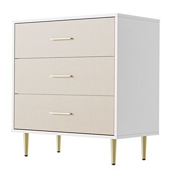 PioneerWorks Modern White 3-Drawer bedside table - Gold Metal Handles & Legs - Slim Wooden Bedside