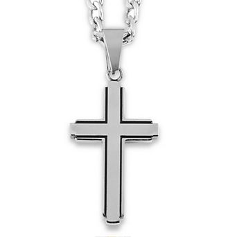 Men's Polished Black Inlay Cross Stainless Steel Necklace