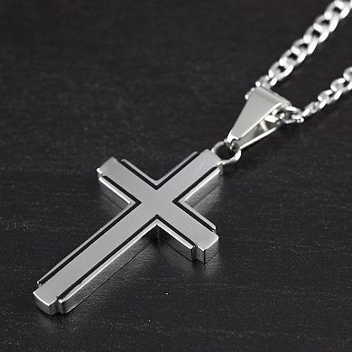 Men's Polished Black Inlay Cross Stainless Steel Necklace