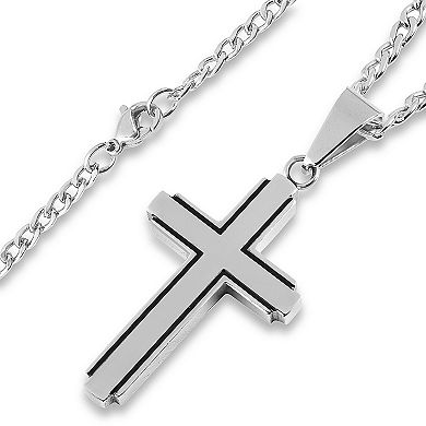 Men's Polished Black Inlay Cross Stainless Steel Necklace