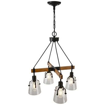 Rustic Wood And Black Metal 4-Light Farmhouse Chandelier With Clear Seeded Glass 23-Inch