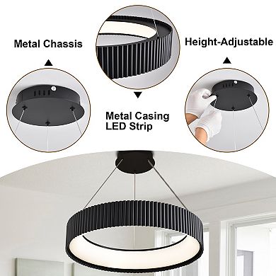 Matte Black Modern 24-Inch LED Ring Pendant Chandelier with Remote Controlled Dimming