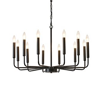 31.5-Inch Black Iron 12-Light Modern Farmhouse Candle Chandelier With Adjustable Chain