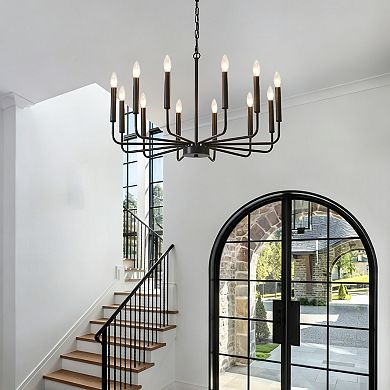31.5-Inch Black Iron 12-Light Modern Farmhouse Candle Chandelier With Adjustable Chain
