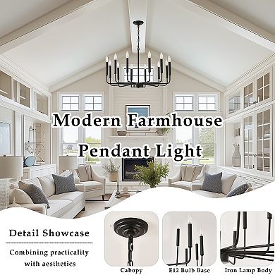 31.5-Inch Black Iron 12-Light Modern Farmhouse Candle Chandelier With Adjustable Chain