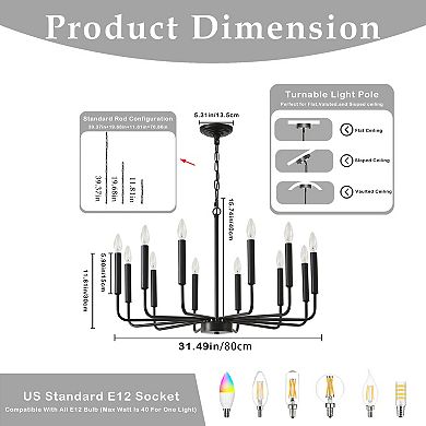 31.5-Inch Black Iron 12-Light Modern Farmhouse Candle Chandelier With Adjustable Chain