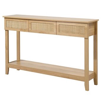 Boho Rattan Console Table with 3 Drawers and Open Shelf