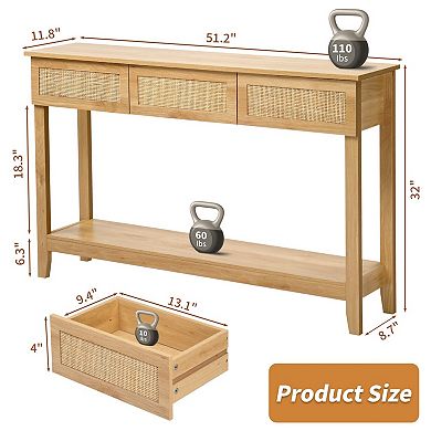 Boho Rattan Console Table with 3 Drawers and Open Shelf