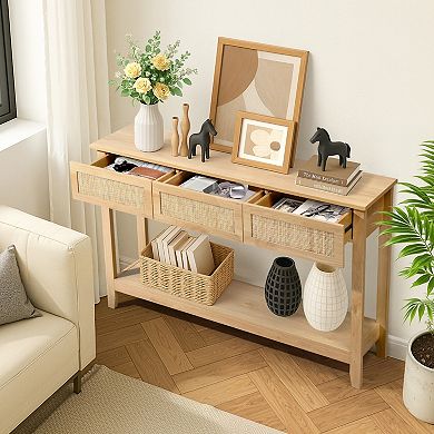 Boho Rattan Console Table with 3 Drawers and Open Shelf