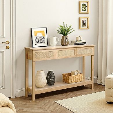 Boho Rattan Console Table with 3 Drawers and Open Shelf