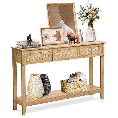 Boho Rattan Console Table with 3 Drawers and Open Shelf