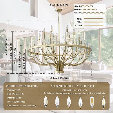 Modern Farmhouse 47" Gold Metal 33-Light Large Wagon Wheel Chandelier