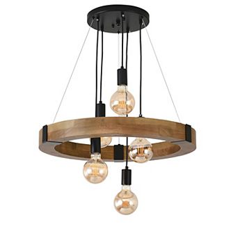 Inviting Rustic Wood Ring 5-Light Pendant Chandelier For Dining Rooms And Entryways