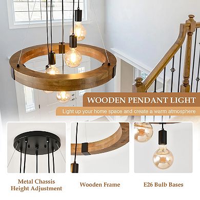 Inviting Rustic Wood Ring 5-Light Pendant Chandelier For Dining Rooms And Entryways