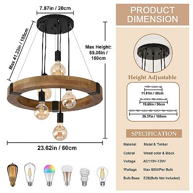 Inviting Rustic Wood Ring 5-Light Pendant Chandelier For Dining Rooms And Entryways