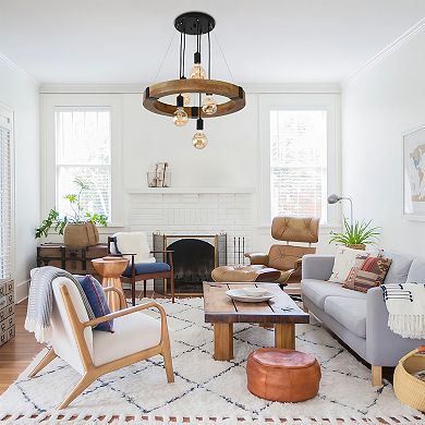 Inviting Rustic Wood Ring 5-Light Pendant Chandelier For Dining Rooms And Entryways