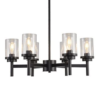 Matte Black 25-Inch 6-Light Industrial Farmhouse Dining Room Chandelier With Clear Glass