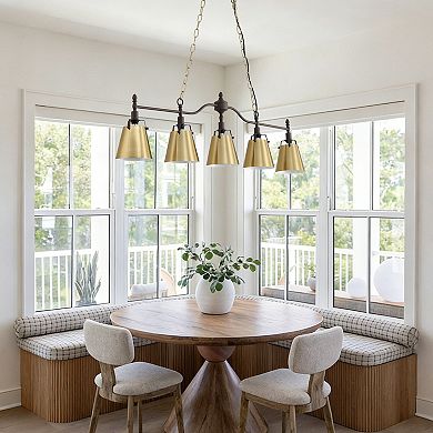 5-Light Modern Farmhouse Linear Chandelier with Gold Flared Metal Shades