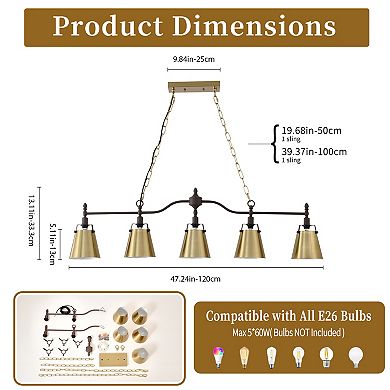 5-Light Modern Farmhouse Linear Chandelier with Gold Flared Metal Shades