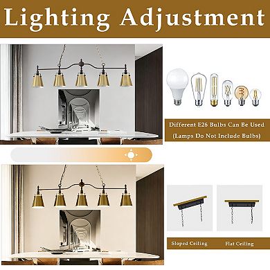 5-Light Modern Farmhouse Linear Chandelier with Gold Flared Metal Shades