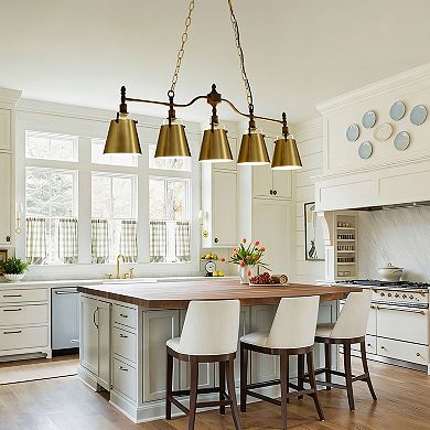 5-Light Modern Farmhouse Linear Chandelier with Gold Flared Metal Shades