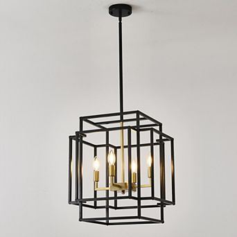 Modern Farmhouse 4-Light Lantern Chandelier, Black and Gold Geometric Pendant for Kitchen