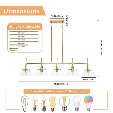 Radiant Gold 5-Light Linear Pendant Light With Seeded Glass For Large Kitchen Islands