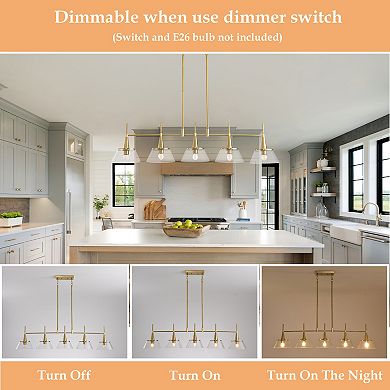 Radiant Gold 5-Light Linear Pendant Light With Seeded Glass For Large Kitchen Islands