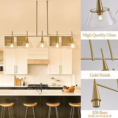Radiant Gold 5-Light Linear Pendant Light With Seeded Glass For Large Kitchen Islands